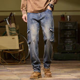 Plus Size Men's Vintage Blue Wide-legged Jeans,Workwear Pants